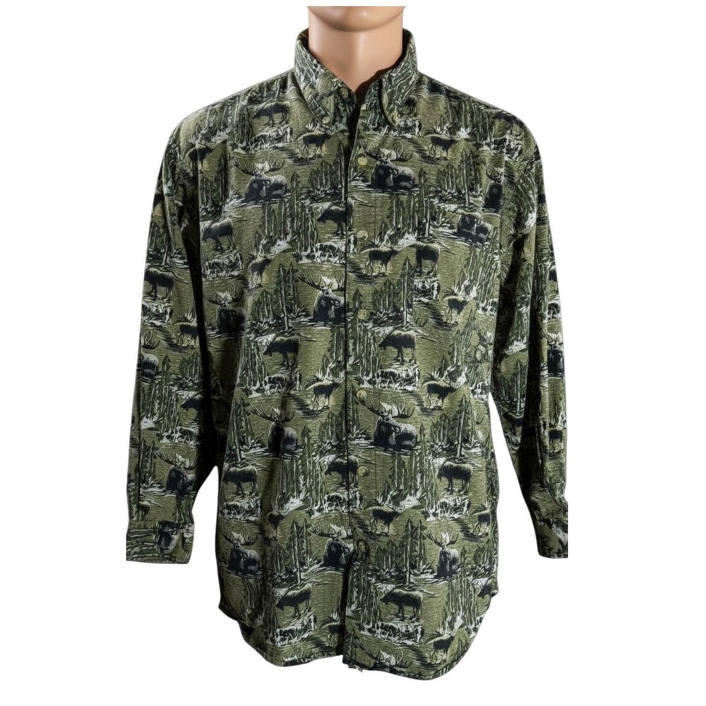Field & Stream Moose Camo Hunting Shirt Mens Large LS Green Outdoor Button Up |